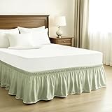 Elastic Wrap Around Bed Skirt - Easy Fit with 15-Inch Tailored Drop, Hotel Quality Dust Ruffle for Full Size Bed (Sage Green, Queen-15 Drop)