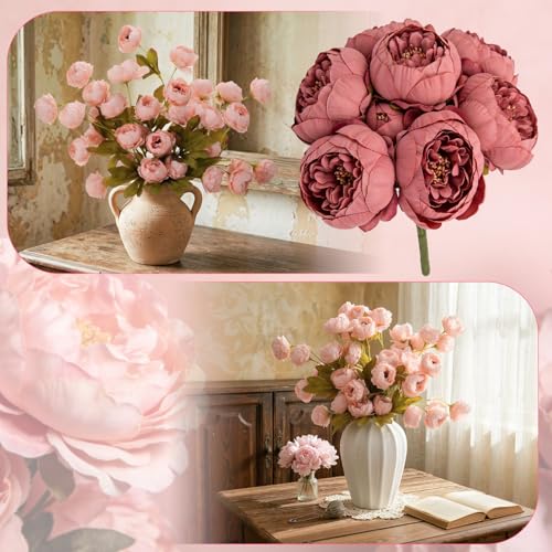 Ovveroche 8 Pcs Faux Peony Flowers with Stems, Champagne Pink Artificial Silk Peonies, Six Heads Per Stem Long Stem Fake Peony Branches for Vase DIY Bouquet Wedding Centerpieces Home Decor by Ovveroche - Used condition - Image 3