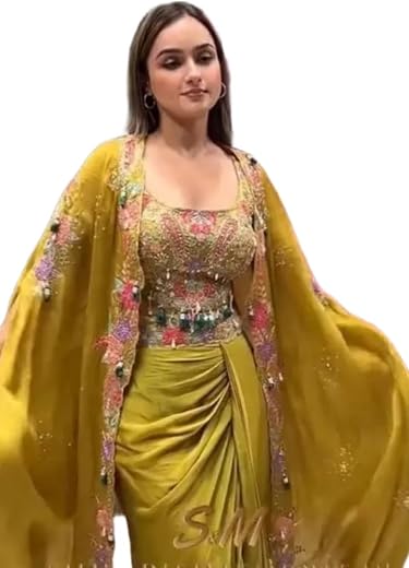 flysta Women Sharara Set with Embroidered Blouse and Long Shrug Natural Crepe Fabric Fully Stitched Ethnic Outfit