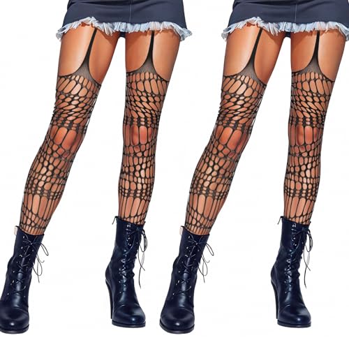 Lusofie 2 Pack Goth Tight Black Ripped Tights for Women Halloween Garter Tights Y2K Elastic Goth Fishnets Rave Fishnet Leggings for Punk Ripped Stockings Garter Stockings Suspender Pantyhose