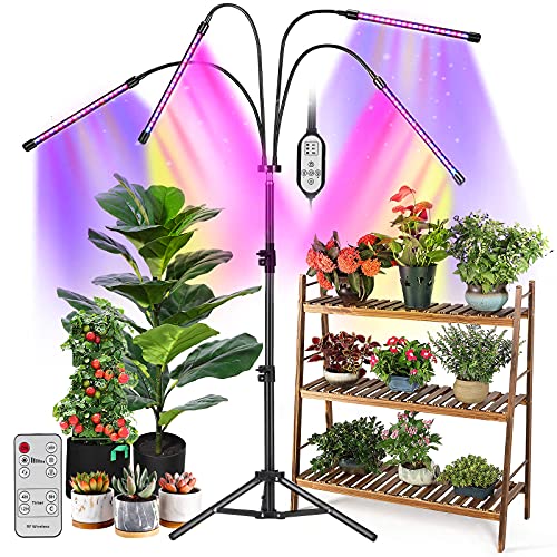 Grow Lights for Indoor Plants, 4 Head 80 LED Indoor Grow Plant Lights with Stand, Full Spectrum Red Blue White Grow Lamp, Adjustable Tripod, Auto On/Off, 4/8/12H Timer, Dual Controllers