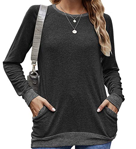 Meerway Camiseta Manga Larga Mujer con Cuello Redondo con Bolsillos algodón Basicas Negro XL