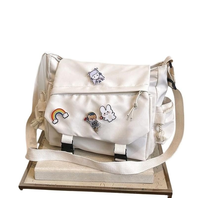 Bolsa Transversal Unissex Estilo Escolar em Nylon Grande Capacidade, Bolsa Mensageiro Masculina e Feminina com Zíper para Uso Diário(Y068-Branco)