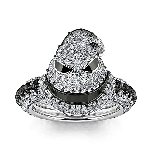 Jeulia Gothic Skull Diamond Rings: Sterling Silver Round Cut Skeleton Rings Band Halloween Romantic Jewelry Gifts for Her CZ Solitaire Engagement Rings Anniversary with Box