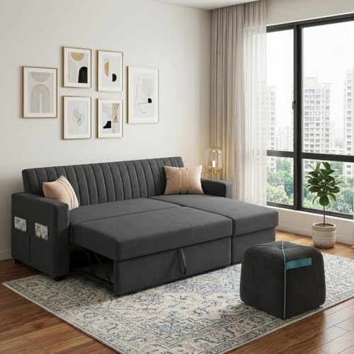 Image of CASASTYLE Kyagar 5 Seater RHS L Shape Sofa with Pull Out Bed, Storage Lounger & Suri Pouf Ottoman | Soft Velvet Suede Fabric | Comfort Cushions | Ideal for Living Room, Hotel & Office (Dark Grey)