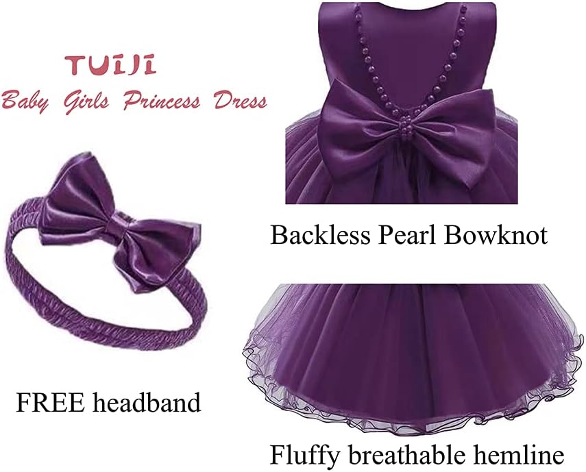 TUIJI 6M-6T Baby Girls Ruffle Lace Backless Pageant Wedding Party Flower Dresses with Headwear