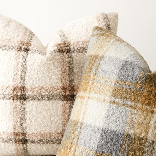 Image of Foindtower Pack of 2 Soft Faux Fur Boucle Throw Decorative Pillow Covers Fuzzy Accent Check Cushion Sherpa Boho Farmhouse Pillowcase for Couch Sofa Bed Living Room Home Decor 18x18 Inch,Amber and Blue