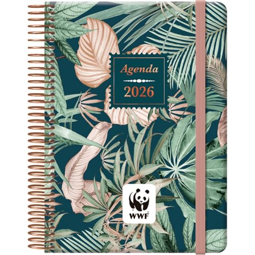 Dohe - Agenda 2026 - Día Página, Tamaño 12,5x18 cm, Cierre de Anillas y Goma Elástica, 12 Meses Enero a Diciembre, Planificador Anual en Español, 4 Páginas de Pegatinas - WWF