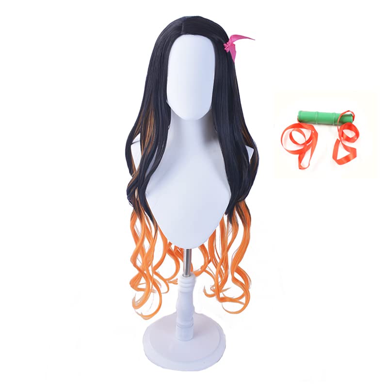 Long Wavy Black and Orange Wig with Gag Ribbon Fangs for Women and Girls (Kamado Nezuko)
