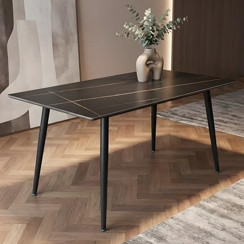 Image of Italiana 15mm Ultra-Slim Sintered Stone Dining Table - 140cm x 80cm Black Faux Marble Executive Table | Mohs 6+ Hardness Scratch-Resistant | Metal Frame | Suitable for 4-6 Seater
