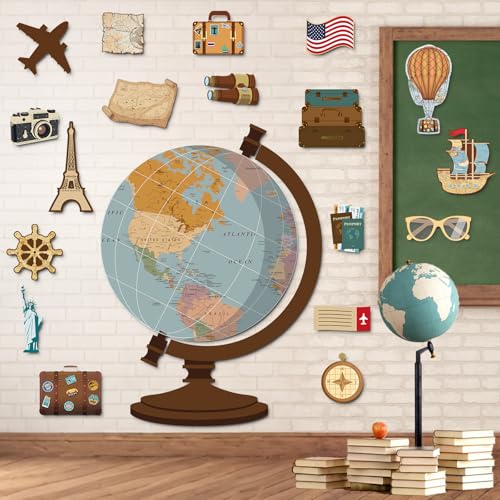 24 Pcs Large Travel Theme Bulletin Board Set Large Vintage Globe Paper Cutouts World Map Adventure Explore Classroom Decor for Teachers Students Back to School Wall Chalkboard Decor 34.4 x 47.2 in