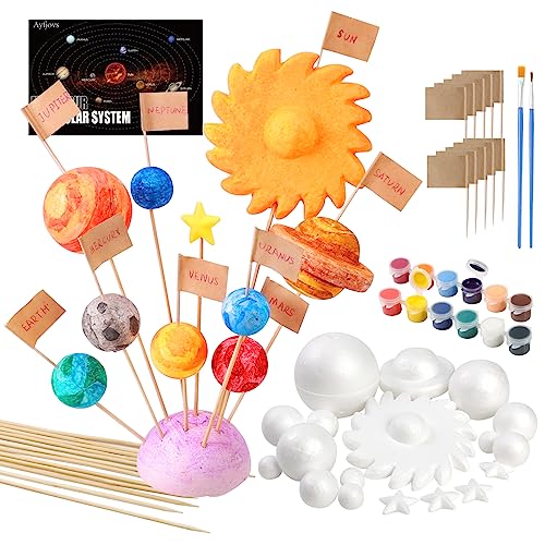 Ayfjovs 56PCS Solar System Foam Balls Crafts for Kids School Projects to Learn Planets, Includes 20pcs Mixed Sizes Polystyrene Balls, Color Pigments, Flags, Painting Brushes, Bamboo Sticks for DIY