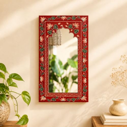 Image of Heritage Red Handpainted Wooden Mirror | Handcrafted Arch Design with Floral Motifs | Rajasthani Traditional Jharokha Style Mirror | Framed Wall Hanging for Home, Bedroom |18x9.5 Inch