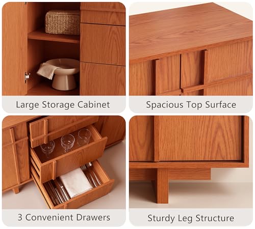 Image of Sideboard Buffet Cabinet with Storage, 47.2 inch Large Sideboard with 2 Doors & 3 Drawers, Mid Century Modern Credenza with Skeleton Line&Wood Grain for Living Room, Kitchen and Entryway, Cherry