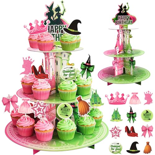 Princess and Witch Cupcake Stand with Cupcake Toppers 3 Tiers Pink and Green Wizard Cupcake Tower with 24 PCS Witch and Fairy Cupcake Toppers for Birthday Decorations