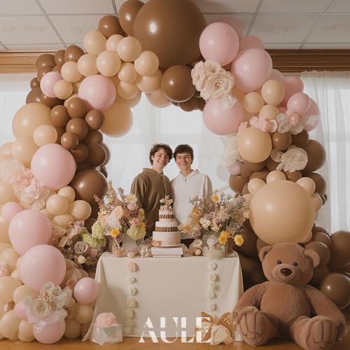 Image of AULE Brown Balloon Arch Kit 155Pcs Light Pink Beige Balloons | Coffee Brown Balloons Garland for Birthday Graduation Neutral Woodland Anniversary Teddy Bear Shower Theme Party Decoration