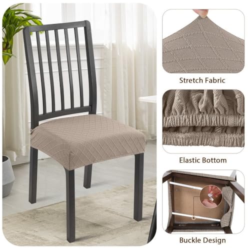 Image of SearchI Stretch Dining Chair Seat Covers Set of 6, Soft Removable Washable Seat Covers for Dining Chairs, Dining Room Seat Cover Protector (Rear-Covered, Check Jacquard Khaki)