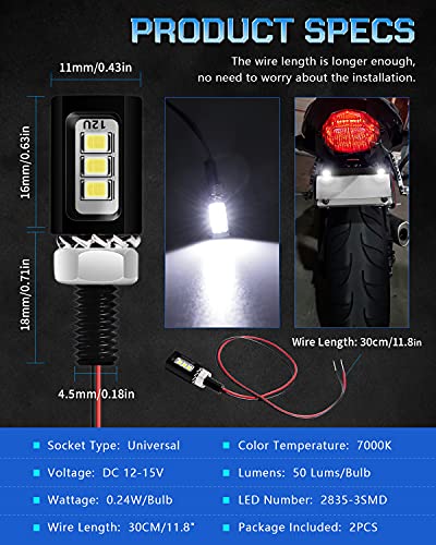 Image of Alopee 2-Pack White LED License Plate Light Assembly, Screw Bolt Design, Aluminum Waterproof Housing, 2835 Chips, DC 10-15V, for Car and Motorcycle