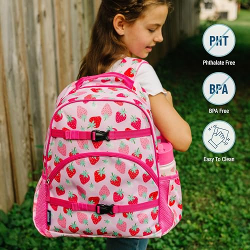 Image of Wildkin Kids Backpack for Boys & Girls, ECO rPET Recycled Lightweight 17 inch Large Bookbag with Padded Straps - Ideal for Middle School, Travel & Daycare, Ages 7-14 - Strawberry