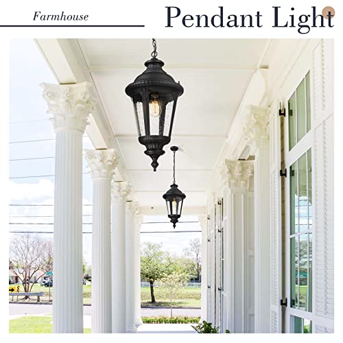Image of Emliviar Vintage Farmhouse Outdoor Hanging Light Lantern, 25 Inch Large Exterior Pendant Light Ceiling Mount with Seeded Glass, Black Finish, XE265H BK
