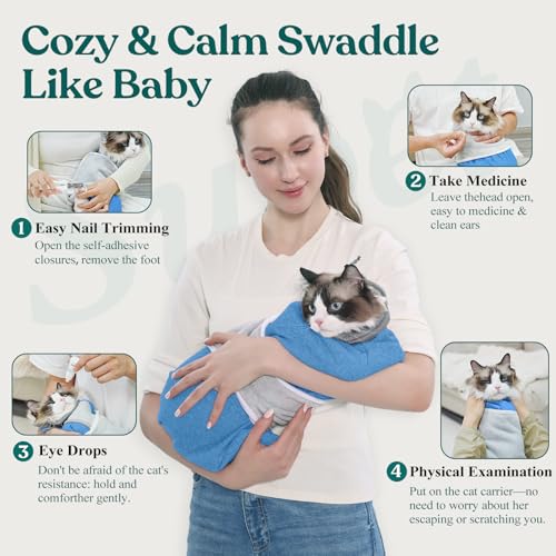 Image of Supet Cat Grooming Wrap for Cutting Nails, Self-Adhesive Calm Cat Swaddle | Bite-Proof Mesh Hood & Thick Waist Strap Anti-Escape Anti-Scratch Bag for Nail Trimming, Medication, Ear Cleaning (Blue S)