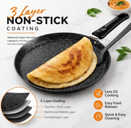Image of Non Stick Granite Dosa Tawa for Gas Stove | Flat Roti Chapati Tawa Pan | Heavy Duty Pancake & Crepe Pan with Handle | Ideal for Dosa, Uttapam, Paratha & Breakfast Cooking