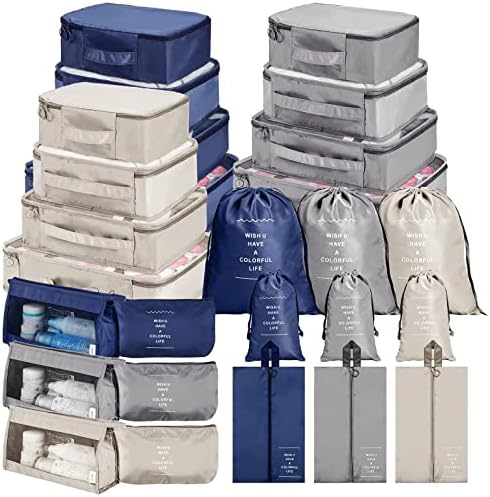 27 Set Compression Packing Cubes for Suitcase Lightweight Luggage Organizer Bags for Travel Luggage Storage Bag Traveling Cubes with Toiletry, Shoes, Underwear Bag (Beige, Dark Blue, Gray) 27 Set Compression Packing Cubes for Suitcase Lightweight Luggage Organizer Bags for Travel Luggage Storage Bag Traveling Cubes with Toiletry, Shoes, Underwear Bag (Beige, Dark Blue, Gray)