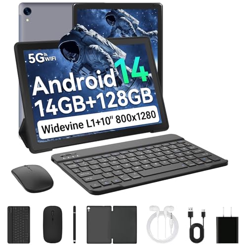 Laptok Android 14 Tablet 10 Pulgadas, 14GB +128GB+1TB, WiFi6/BT5.2/5000mAh, 8+5MP/1280 * 800/Widevine L1, Tablet PC con Stylus, Funda Protectora, Ratón Inalámbrico, Auriculares, Teclado Bluetooth