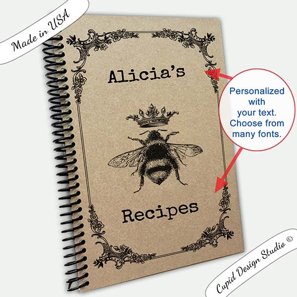 Cupid Design Studio Queen bee journal spiral notebook, personalized bee recipe book, 5.5x8.5 Handmade gift (Recipe pages)      Office Product