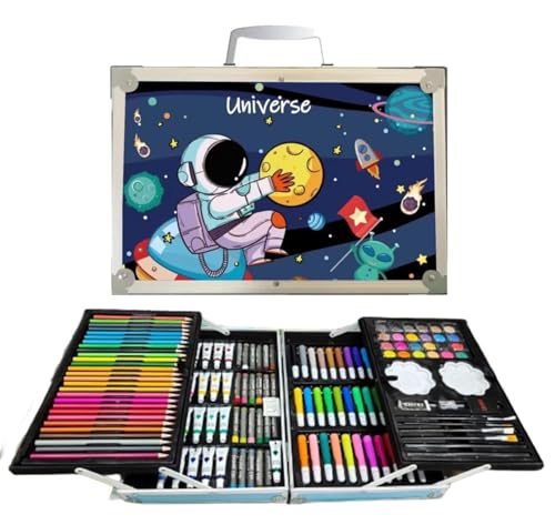 Image of 145 Pcs Drawing & Colouring Kit with Oil Pastels : Art and Craft Supplies : Watercolors, Color Pencils & Sketch Pens in Carry Case :Great Birthday Gift for Boys Girls Children - Blue , (Unicorn Theme)