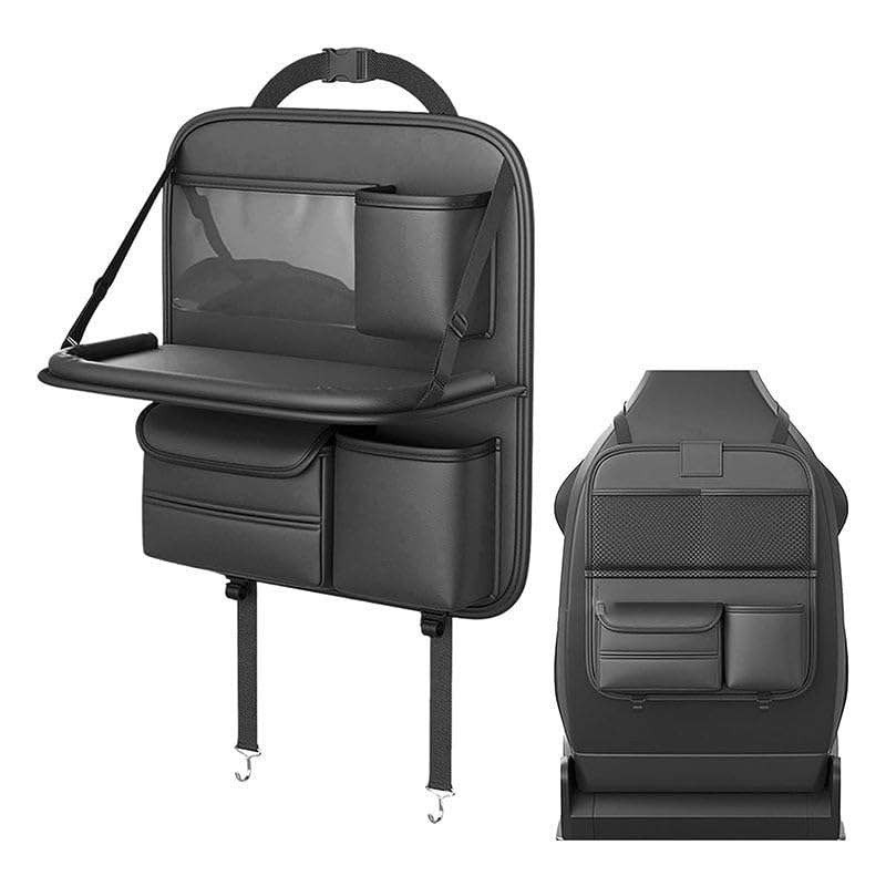 premium pu leather car backseat organizer with foldable dining table tray – multi-pocket back seat storage, waterproof kick mat protector, and travel accessory holder