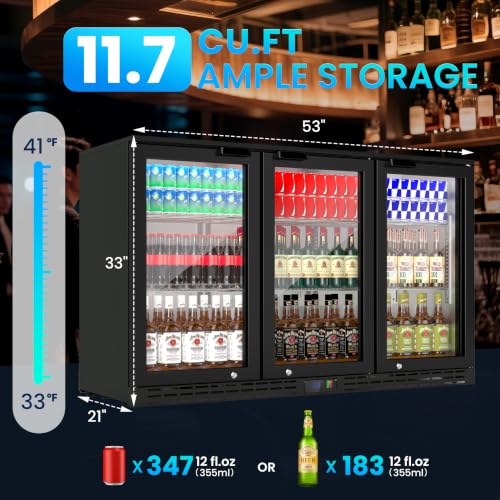 Image of Coolake 53 inch Back Bar Cooler with 3 Glass Doors, 11.7 cu.ft Commercial Under Counter Height Beverage Refrigerator, Stainless Steel Beer Fridge with LED Lighting for Soda Drinks, Beer, Wine