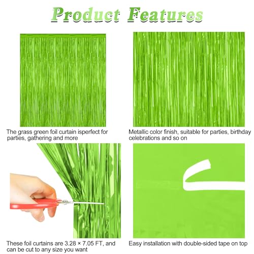 Image of ZATAYE 2 Pack Grass Green Christmas St Patricks Foil Curtain Decorations | Grass Green, Metallic Foil, 3.28 x 7.05 FT, Tinsel Backdrop, Foil Curtain Streamer, Christmas St Patricks Party