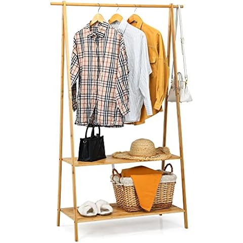 COSTWAY Bamboo Clothes Rail with Shelves Cover