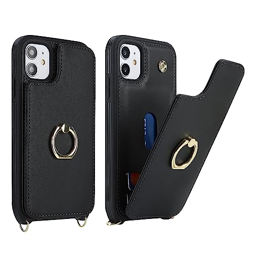 Image of for iPhone 11 Phone Case with Card Holder and Strap for Women,Crossbody Lanyard,RFID Blocking,Kickstand Ring Stand,Snap Clasp,Phone Wallet Cases 6.1 inch(Black)