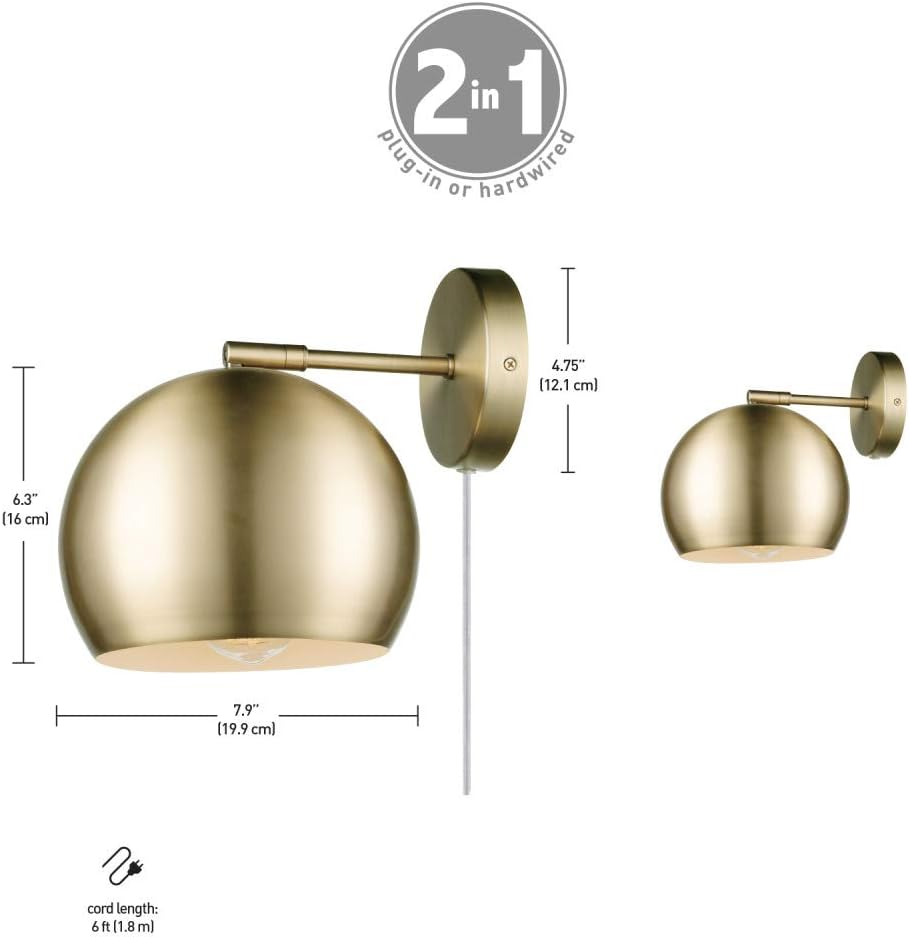 Lіmіtеd Stосk Globe Electric 51577 Novogratz x Globe Willow 1-Light Plug-in or Hardwire Wall Sconce, Matte Brass, White Fabric Cord, in-Line On/Off Rocker Switch