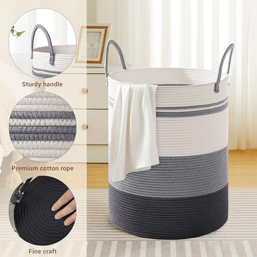 Image of 72L Large Tall Cotton Rope Laundry Basket with Handle, Grey Striped