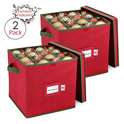 StorageMaid Christmas Ornament Storage Box - 2 Pack Ornament Box Organizer Fits Up to 64 Balls - Christmas Decoration Storage Containers with Exclusive Velcro Cover & Finger Slot