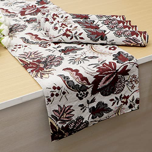 Image of HOKIPO Cotton Jacquard 4 Placemats with Runner for Dining Table 4 Seater (IN530-D4*4+IN531), Large, white spring flower