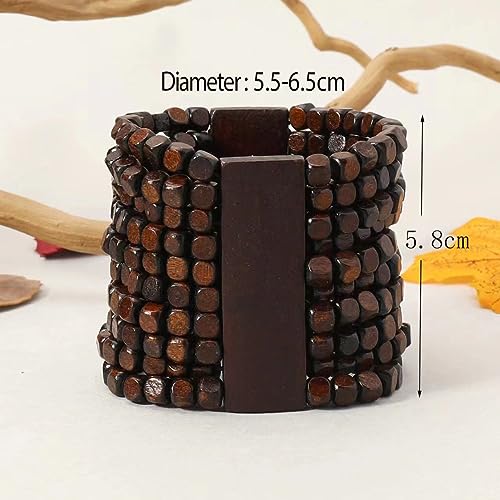 COLORFUL BLING Handmade Natural Wooden Beads Cuff Bracelet Woven Chunky Geometric Bangle for Women Summer Beach Boho Jewelry3