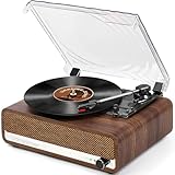 Vinyl Record Player with Speakers,3 Speed Turntable with Bluetooth, Aux, Headphone Jack, RCA Output and Auto Stop,Mirror Vintage Wooden Walnut