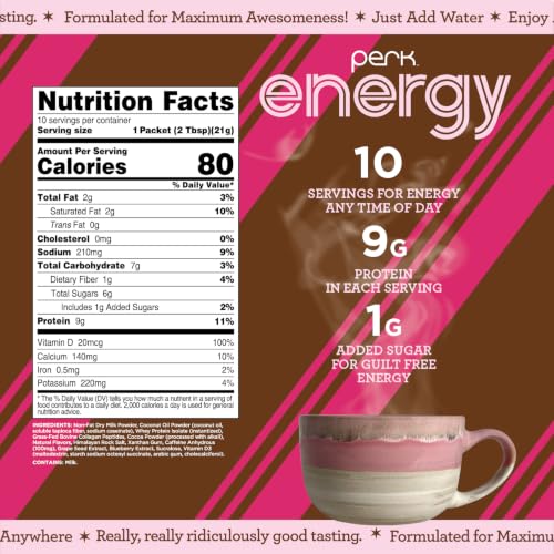 Image of Perk Energy Drink Mix (Mint Chocolate Truffle) 10 Stick Packs, Gluten-Free | Caffeinated Healthy Coffee Alternative with Protein, 100mg of Caffeine, Soy-Free, Peanut-Free