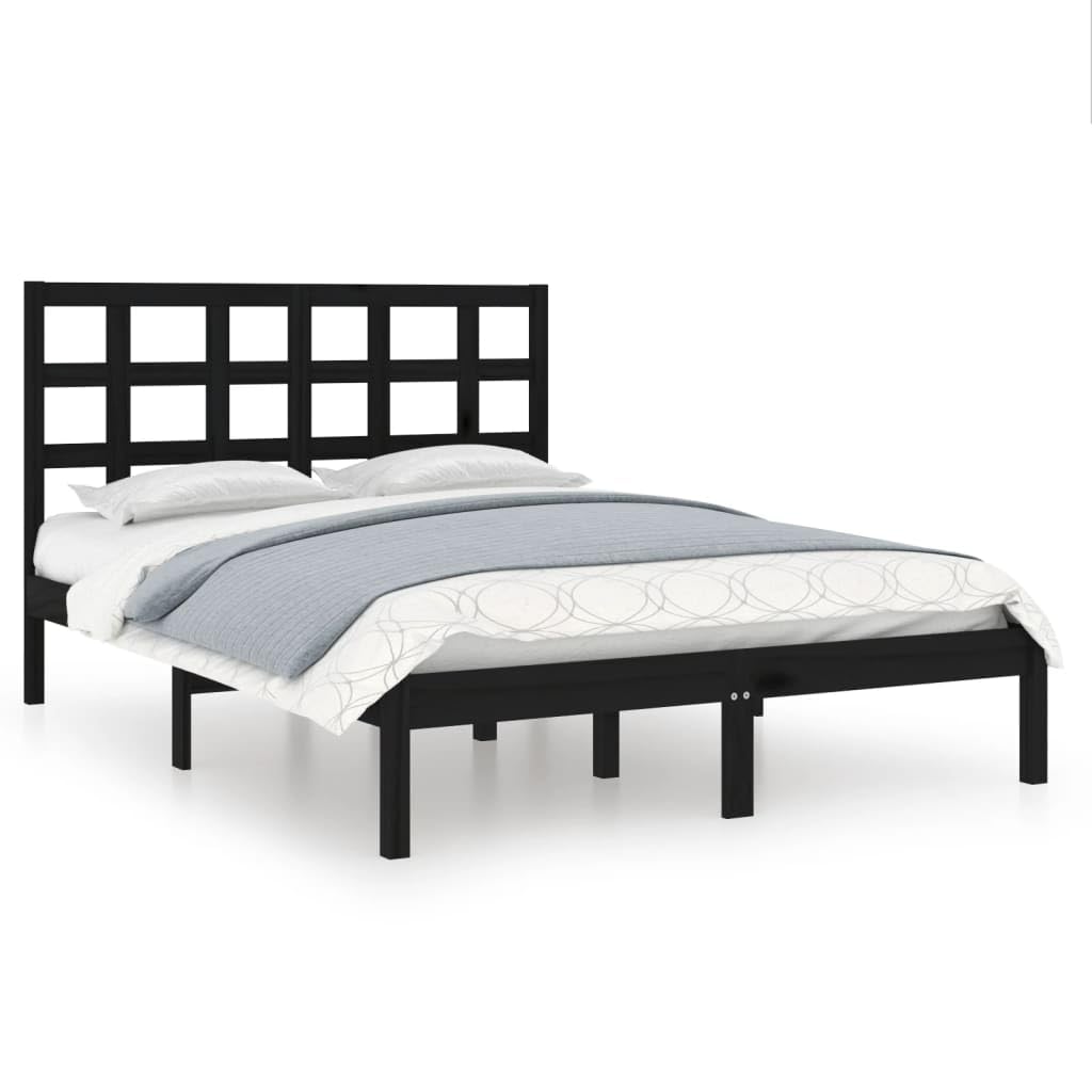 Lite drewno sosnowe Klasyczna rama łóżka 140x190 cm Czarny | Rama łóżka 140x190 cm lite drewno sosnowe czarna z zagłówkiem do sypialni