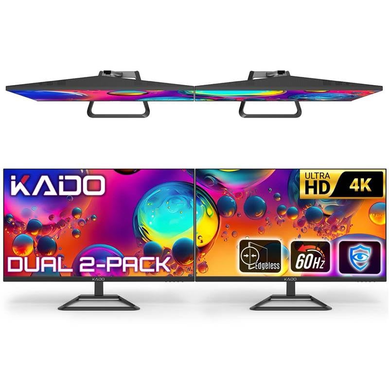 Image of Kado 2-Pack Dual 32 inch 4K 70Hz UHD 3840x2160 Flat Screen Computer Monitor | DisplayPort HDMI Dual Monitor Setup, VESA Mount Office Gaming Hybrid Built-in Speakers, Panoramic Display Multi-tasking