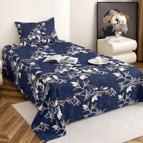 Image of IVAZA 260 TC Soft Ezyption Cotton Floral Single Bed Sheet - Single bedsheet with 1 Pillow Cover Hypoallergenic, Brethable, (Size- 90 x 60 Inch Slate Blue