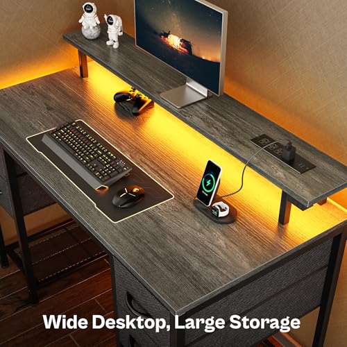 Image of Huuger 47 inch Computer Desk with 4 Drawers, Gaming Desk with LED Lights & Power Outlets, Home Office Desk with Large Storage Space for Bedroom, Work from Home, Grey