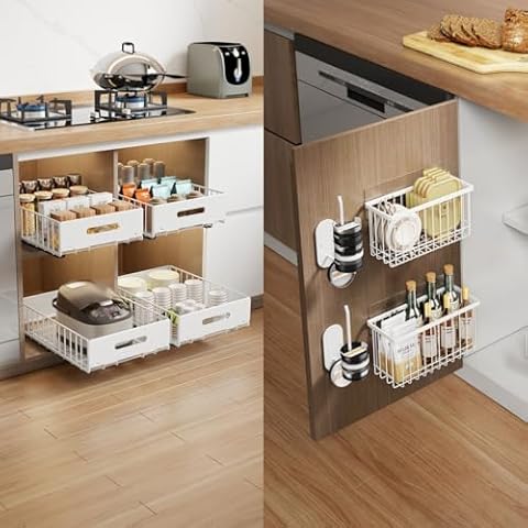Mustorn 2 Pack Pull Out Cabinet Organizer & 4 Pack Tupperware and Tumbler Lid Organizer for Cabinet(White) Cover