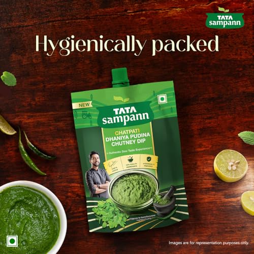 Image of Tata Sampann Chatpati Dhaniya Pudina Chutney Dip, Made with Fresh Coriander and Mint, Tangy and Flavorful, Hari Chutney, Ready to eat, Pairs well with Parathas, Chaats & Snacks, 100% Quality Ingredients, Hygienically Prepared, 200 g