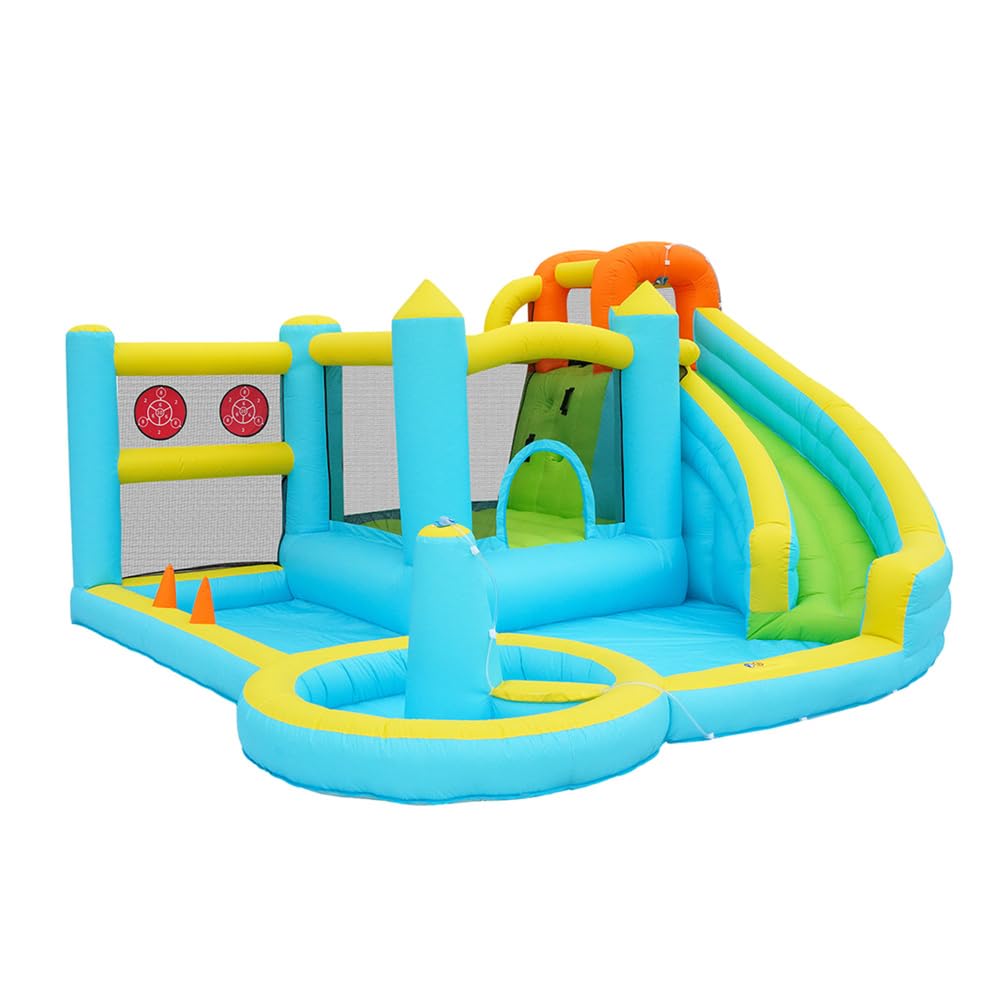 Hüpfburg, Parco acquatico con acquascivolo e piscina, gonfiabile, per giardino all'aperto, parco giochi acquatici con ventilatore, grande giocattolo gonfiabile per bambini (430 x 390 x 210 cm)