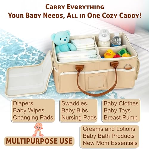 Image of Storite Diaper Caddy Organizer Bag with Lid & Detachable Shoulder Strap | Baby Essentials Storage Basket for Newborns | Multiple Compartments (Beige, 37x26x18 Cm) | Detachable Shoulder Strap, Baby Essentials Storage Basket for Newborns, Multiple Compartments